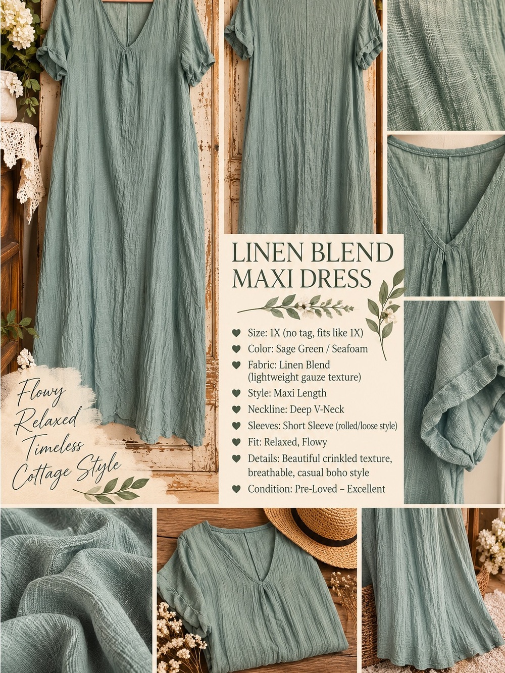 Source Unknown Sage Green Linen-Blend Maxi Dress-Poly blend-looks-feels linen.